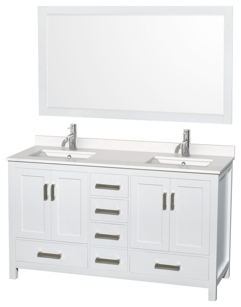 Sheffield 60" White Double Vanity, White Quartz Top, Square Sinks, 58" Mirror