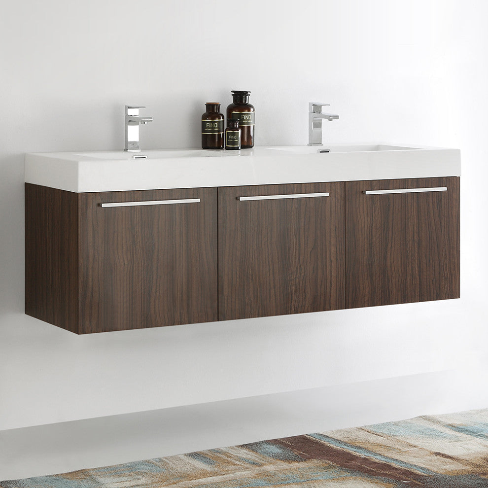 Fresca Vista 60" Walnut Wall Hung Double Sink Cabinet With Integrated Sink