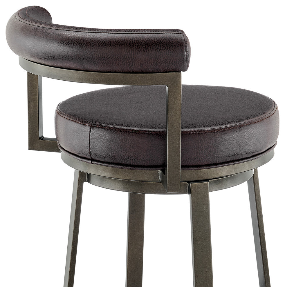 Neura Swivel Stool in Mocha Finish With Brown Faux Leather, 30"