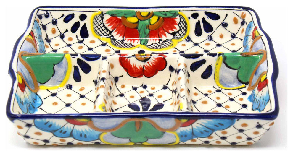 Handmade Pottery 9" Divided Platter, Dots and Flowers