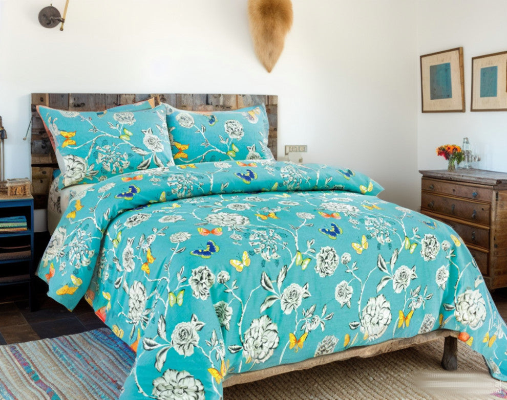 Tache Cotton Butterfly Wonderland Foral Colorful Cotton Blue Duvet Set, Queen