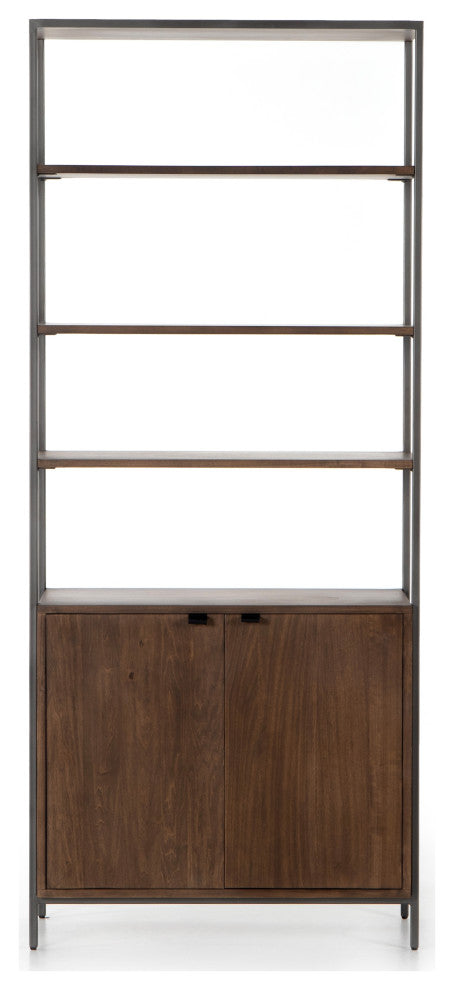 Close-up cropped side view of the cabinet with wood panel on white background.