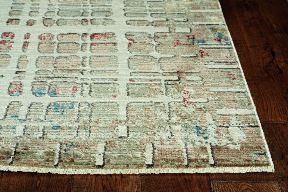 9"x13" Ivory Khaki Distressed Plaid Area Rug