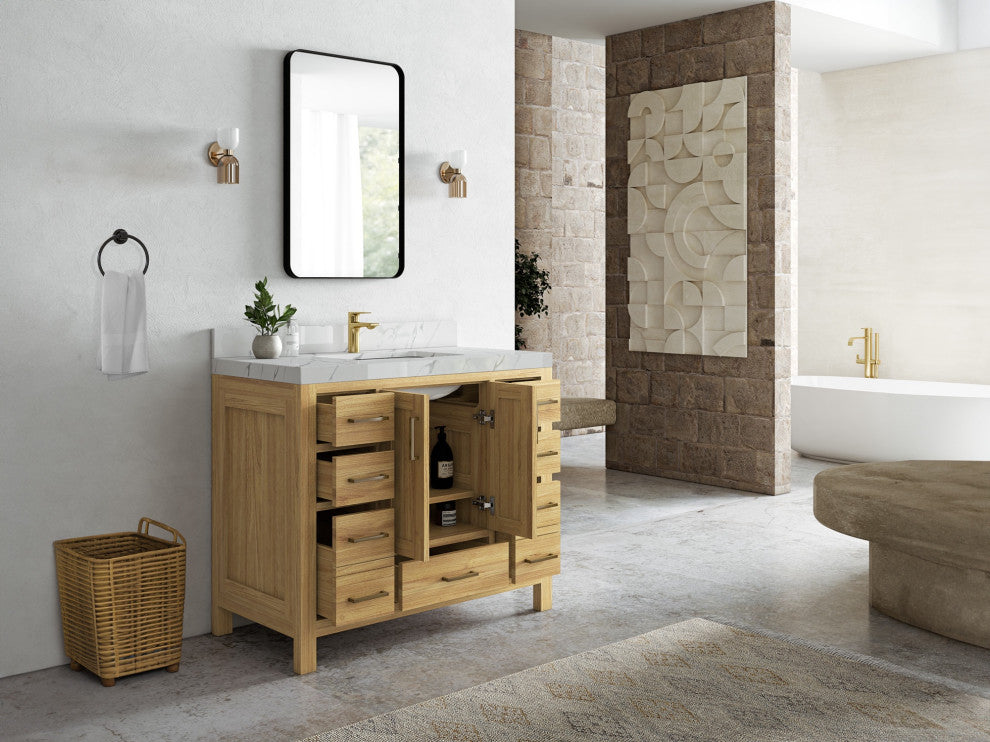 Malibu Teak 42" Single Sink Bath Vanity in Light Natural  2" Viola Gold