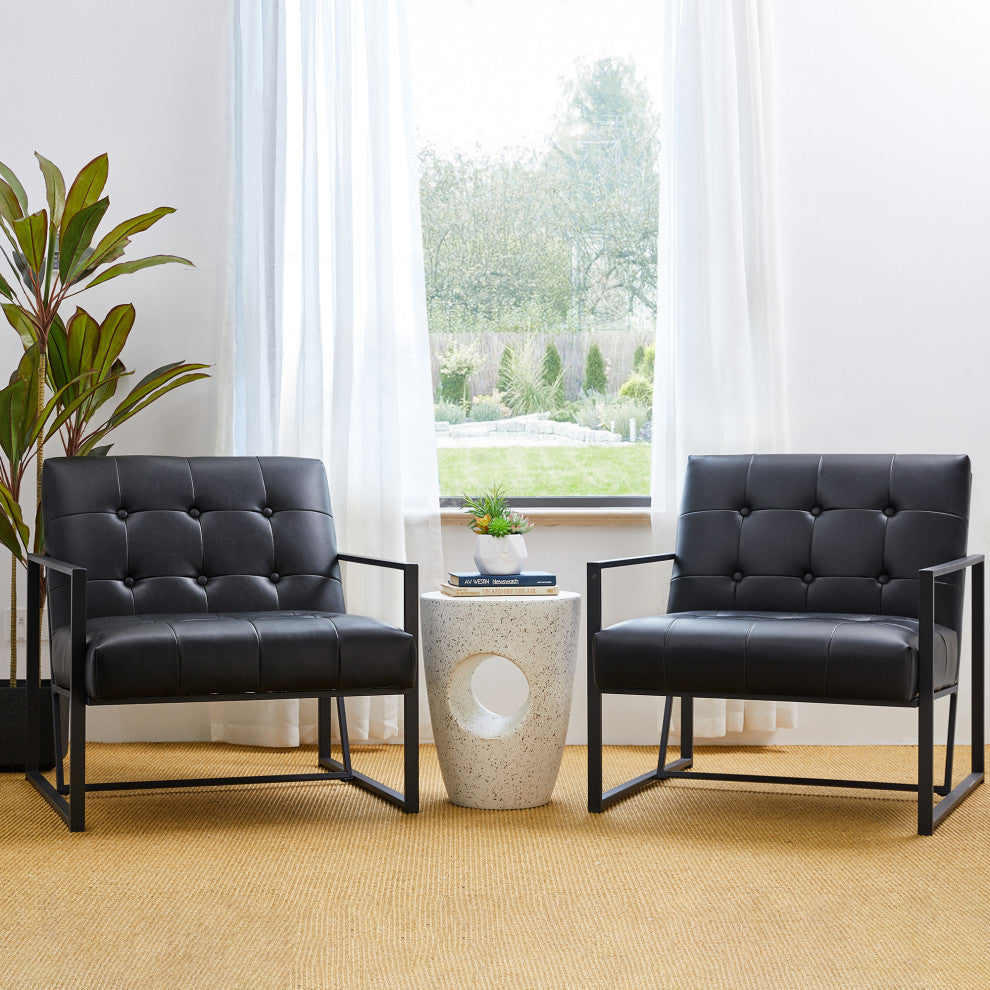 Modern Leatherette Accent Armchair With Black Metal Frame, Set of 2, Black