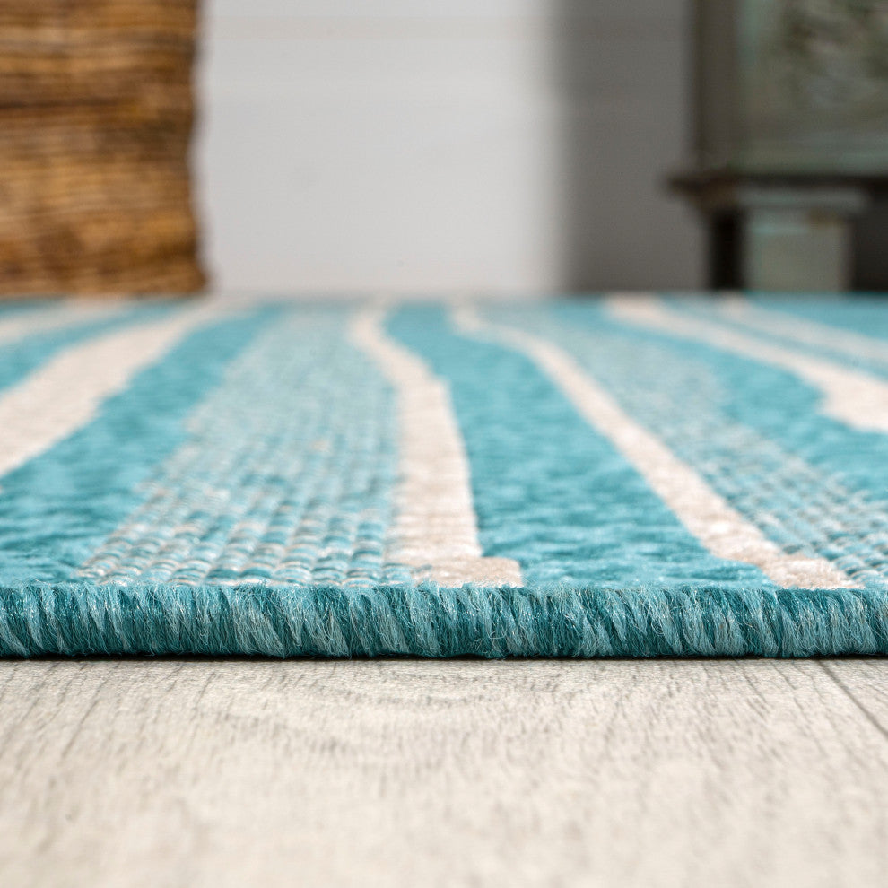 Castara Wavy Stripe Modern Indoor/Outdoor Area Rug, Aqua/Cream, 4x6