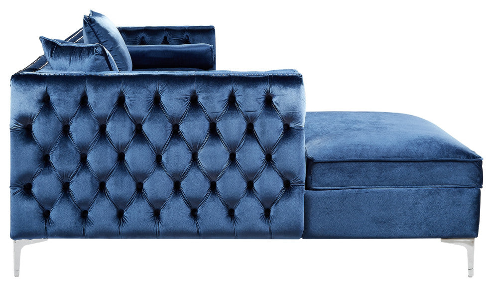 Jeannie Velvet Tufted With Nailhead Trim Sectional, Navy, Left Facing Chaise