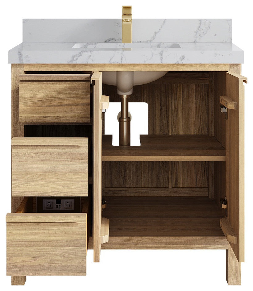 Elizabeth Oak 36" Center Sink Vanity, White 2" Venatino Quartz