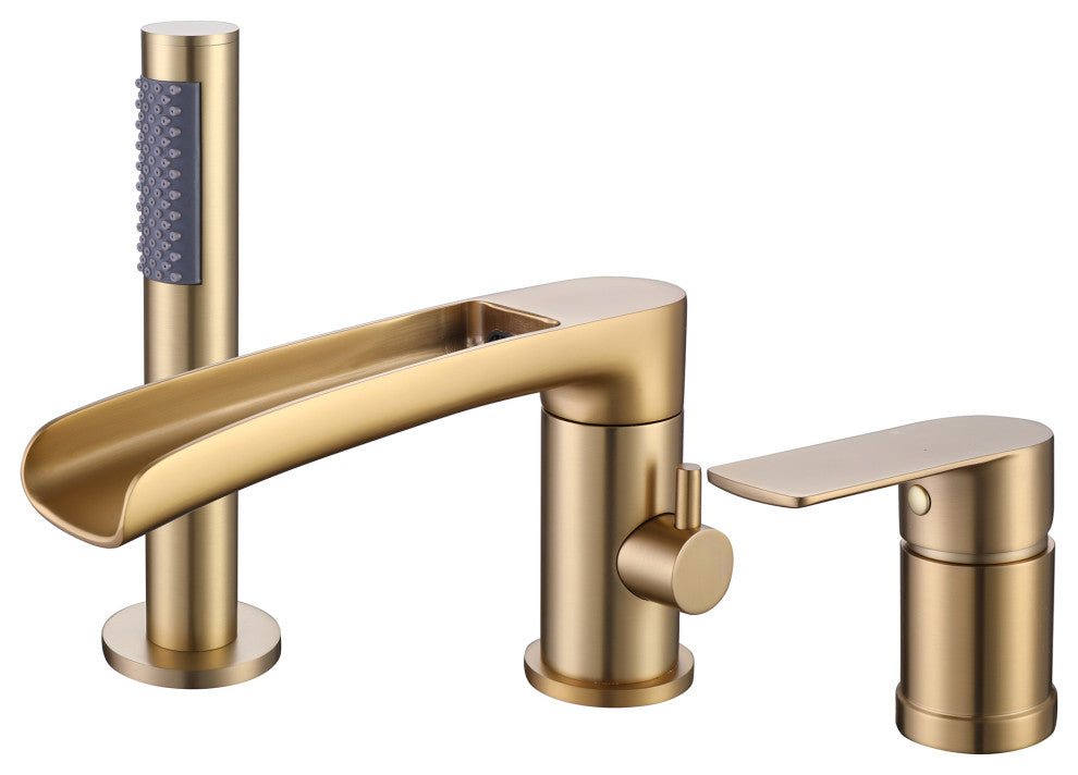 Double Handle Deck Mounted Roman Tub Faucet with Handshower, Brushed Gold