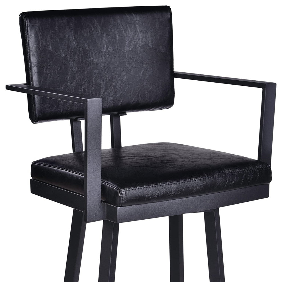 Modern Bar Stool, Swiveling Design With Vintage Black Faux Leather Seat & Back