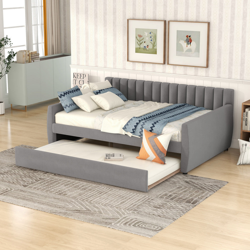 Gewnee Full Size Upholstered daybed with Trundle and Wood Slat Support