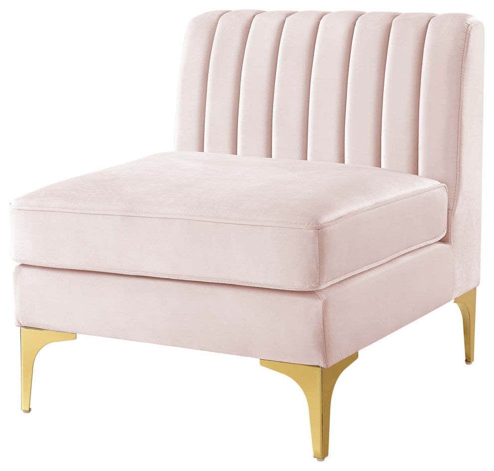 Tufted Sofa Middle Chair, Velvet, Pink, Modern, Living Lounge Hotel Hospitality