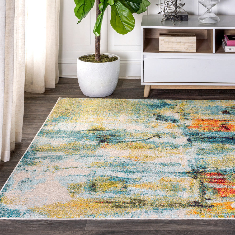 Contemporary POP Modern Abstract Area Rug, Blue/Cream, 5x8