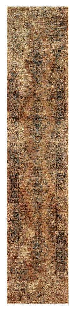12' Runner Gold and Brown Oriental Power Loom Runner Rug
