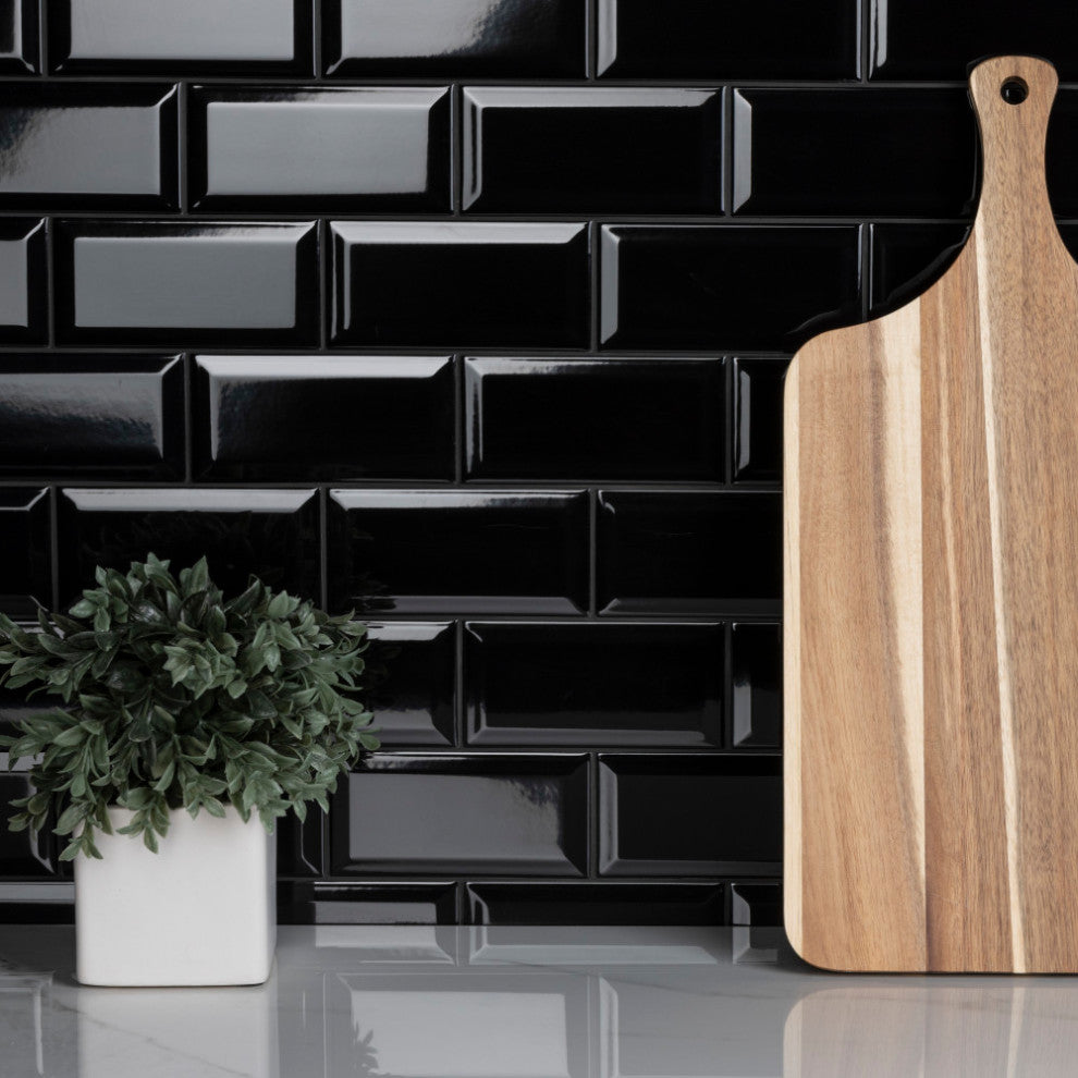 Crown Heights Beveled Glossy Black Ceramic Wall Tile