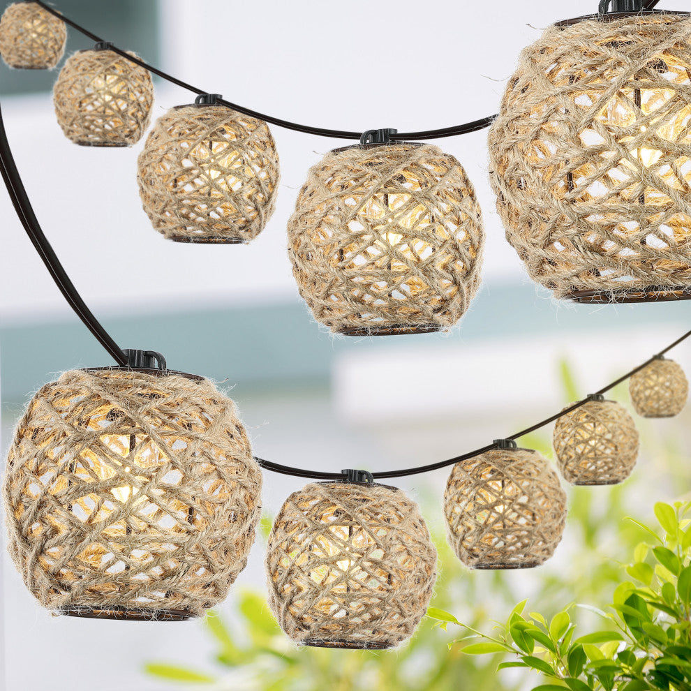 10-Light Indoor/Outdoor 10 ft C7 Globe Hemp Rope Shaded String Lights, Brown