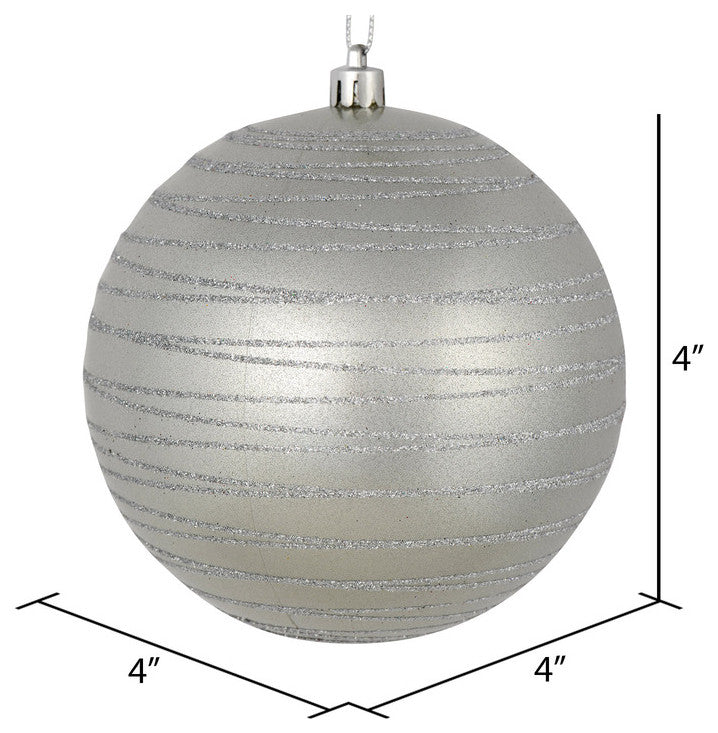 Vickerman N187607D 4" Silver Candy Finish Ball Ornament With Glitter Lines