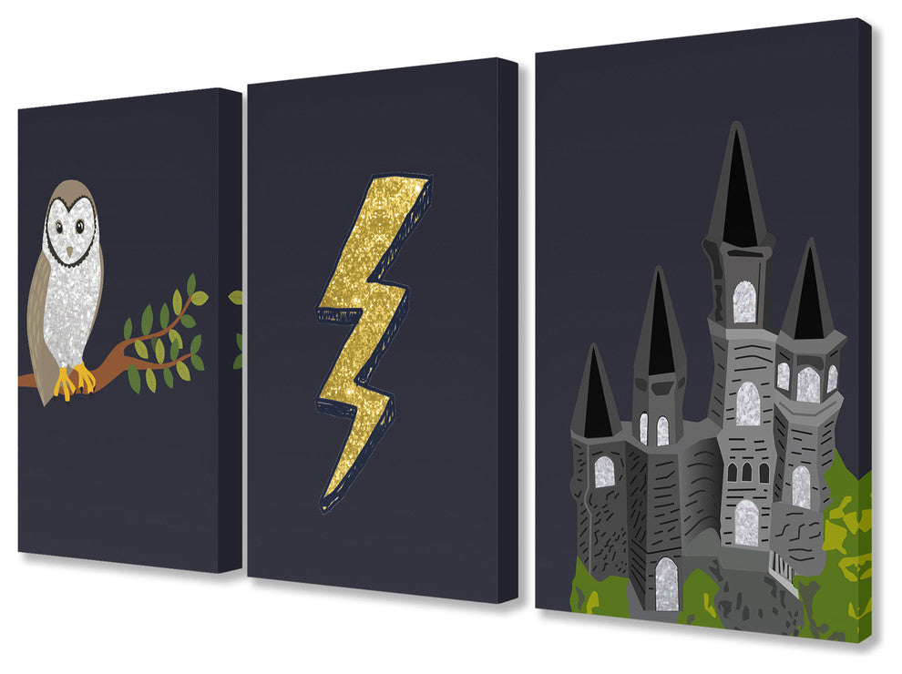 Wizardry Owl Castle and Lightning 3-Piece Stretched Canvas Art Set, 16x20