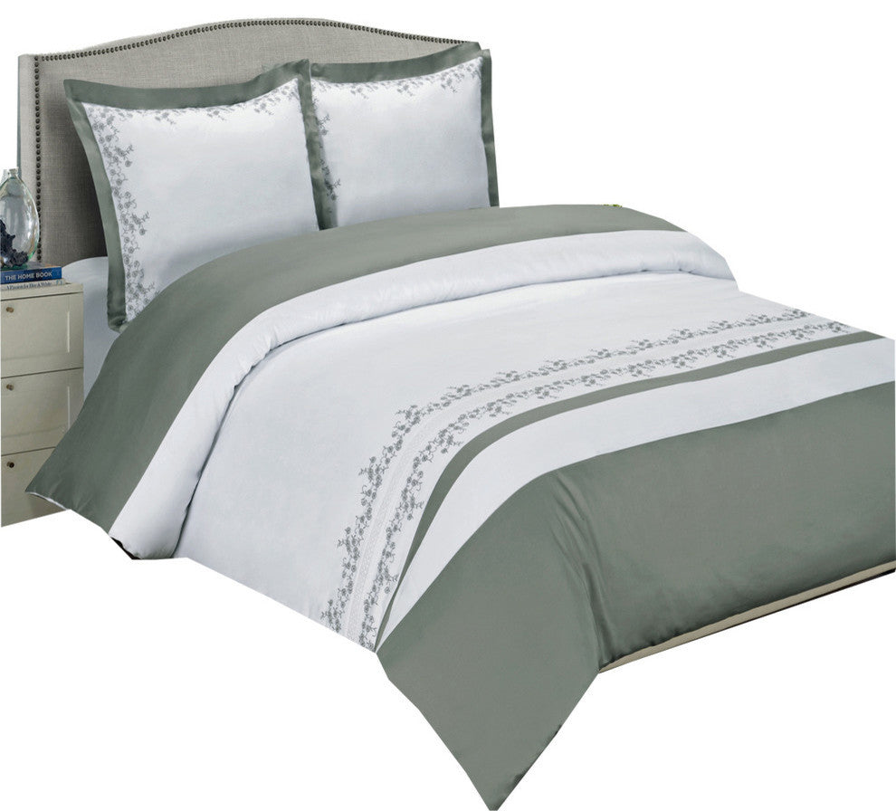 Amalia 100% Cotton Embroidered 8PC Bedding Set, Gray and White, Full