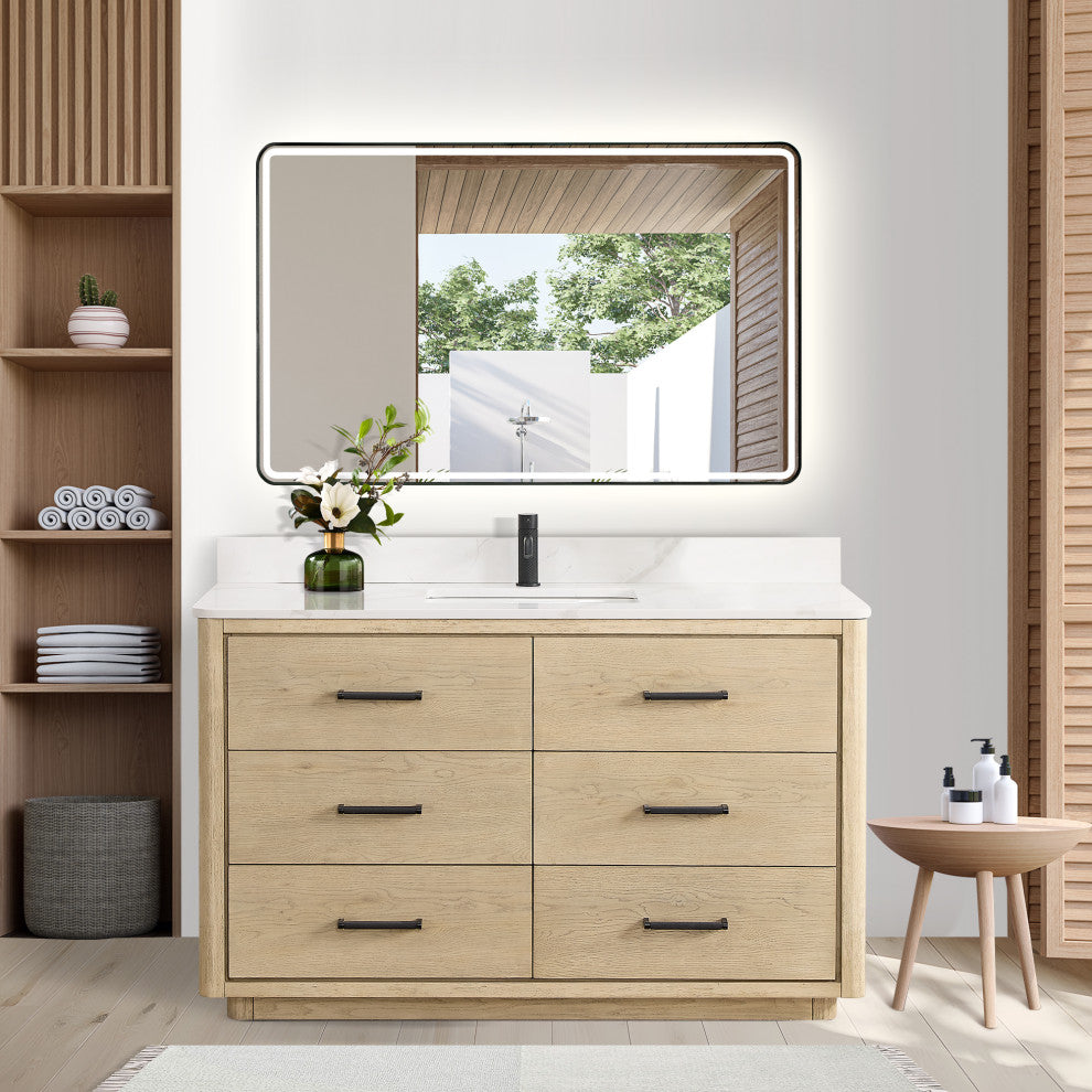 Porto Bath Vanity with White Quartz Stone Top, Natural Oak, 55 in., No Mirror