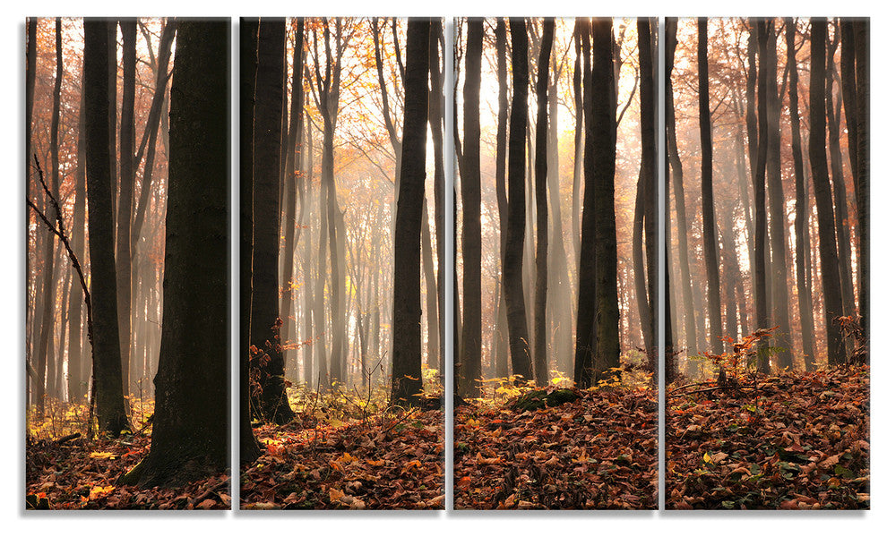 Dark Thick Woods in Fall Forest, Modern Forest Canvas Art, 48"x28", 4 Panels