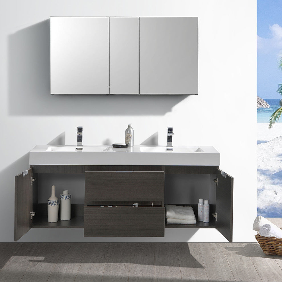 Valencia 60" Gray Oak Wall Hung Double Sink Vanity, Cabinet, Faucet FFT1040CH