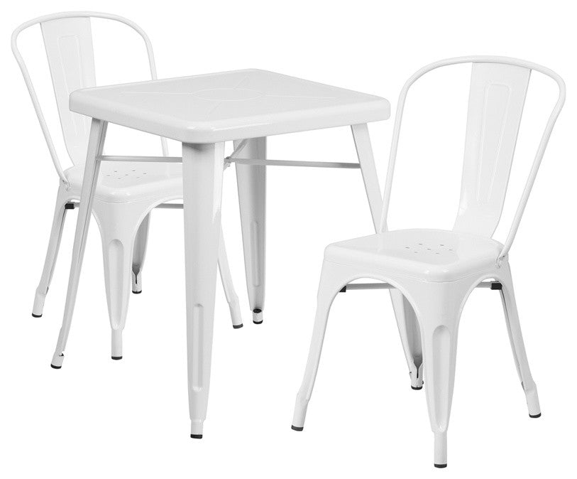 Metal Indoor-Outdoor Table Set With 2 Stack Chairs, White, 27.75"x27.75"x29"
