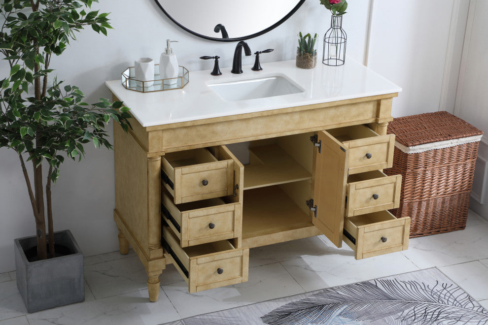 48" Single Bathroom Vanity, Antique Beige With Ivory White Engineered Marble