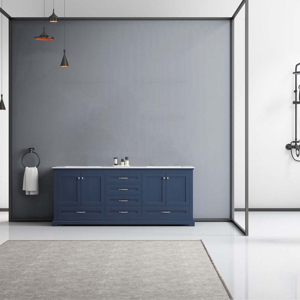 Dukes 80" Vanity, Wht Carrara Marble Top, Wht Sq Sinks & No Mirror, Navy Blue