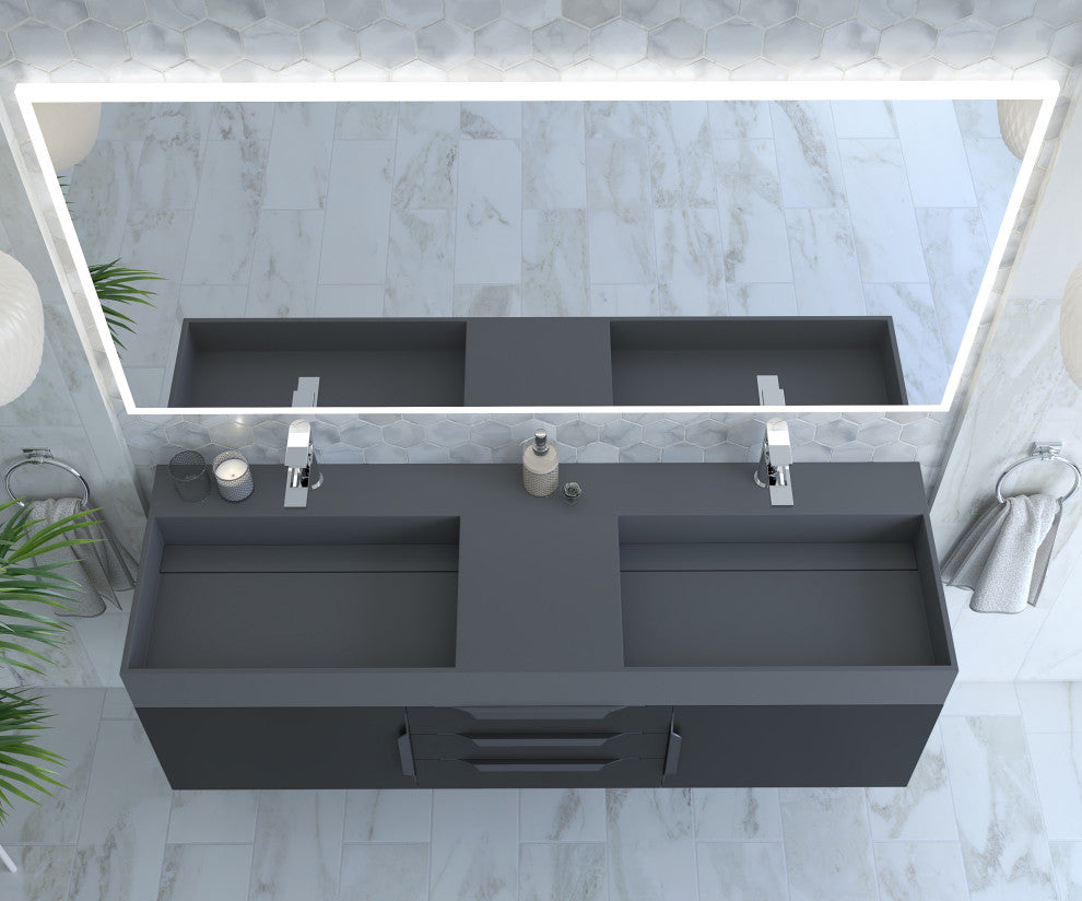 CastelloUSA Amazon 60" Wall Mounted Bathroom Vanity Set, Black, Gray Top, Black Handles