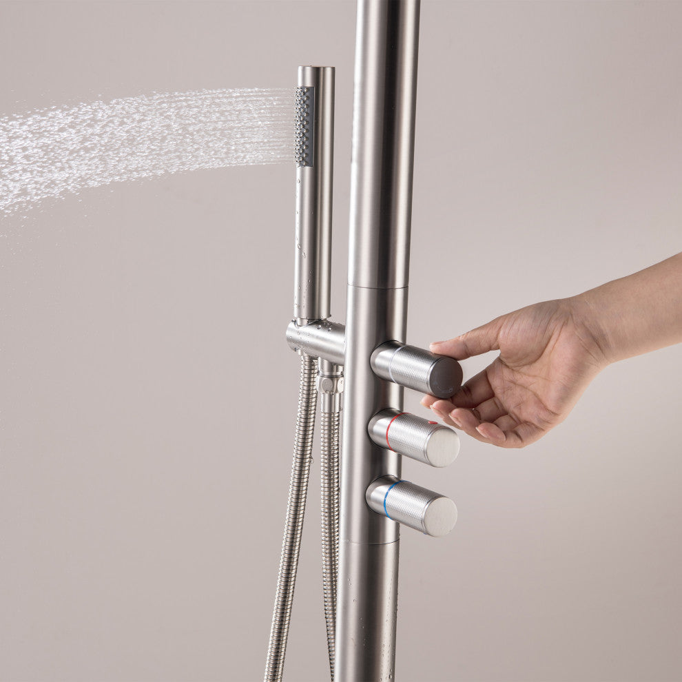 84.65" H Brass Free Standing Outdoor Shower, Brushed Nickel