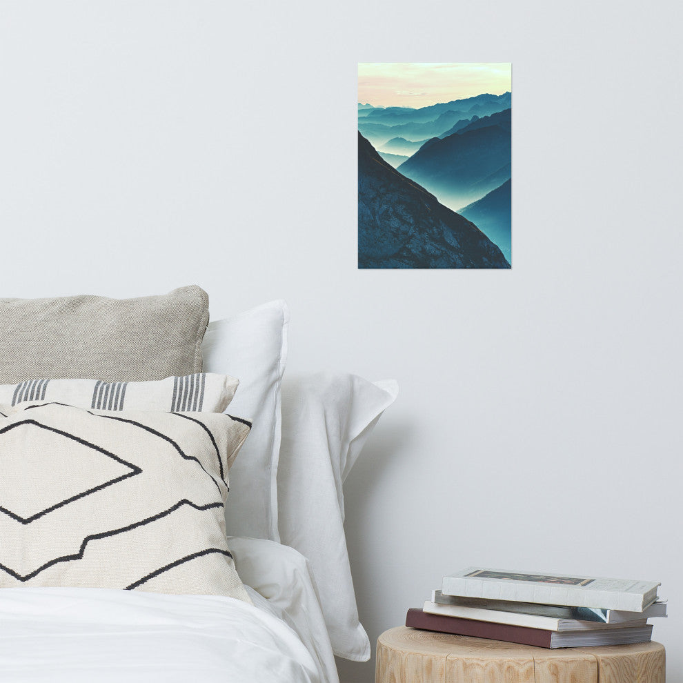 Misty Blue Silhouette Mountain Range Landscape Photo Unframed Wall Art Prints, 12" X 16"