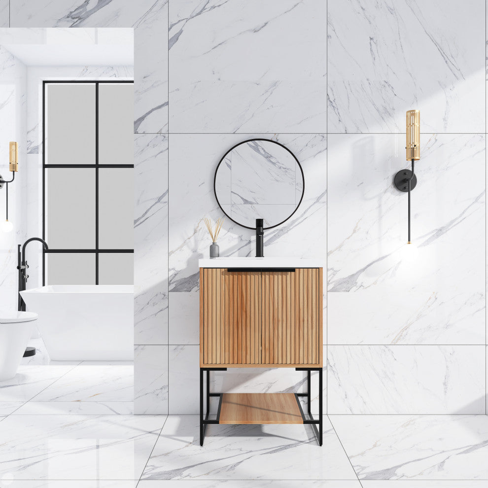 Plywood Freestanding Bathroom Vanity Set with White Ceramic Sink , Maple, 24