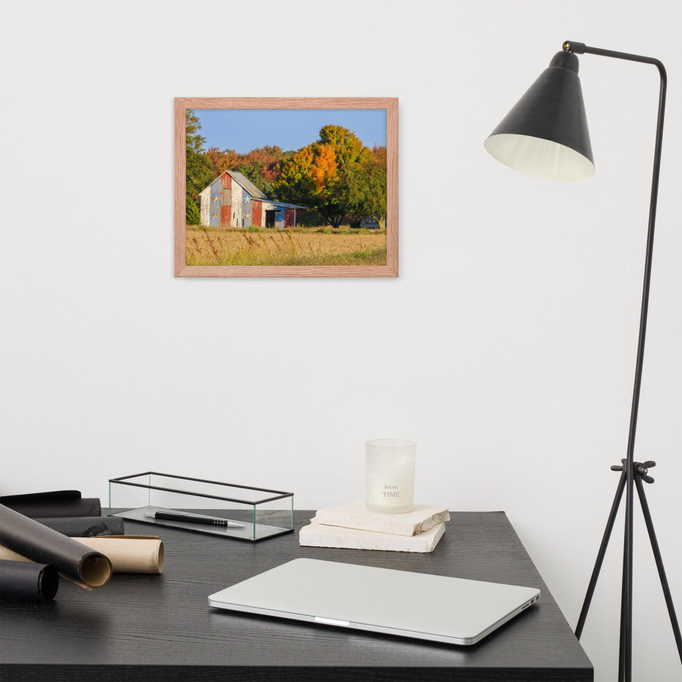 Patriotic Barn in Field Rural Landscape Framed Photo Paper Wall Art Prints, Red Oak, 11" X 14"