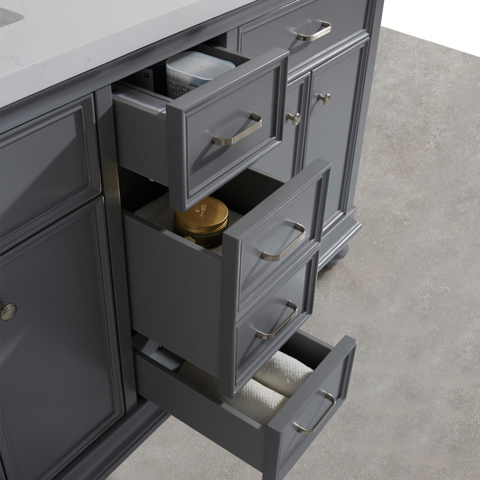 Charlotte 60" Double Vanity in Grey with Carrara Quartz Stone Top With Mirror