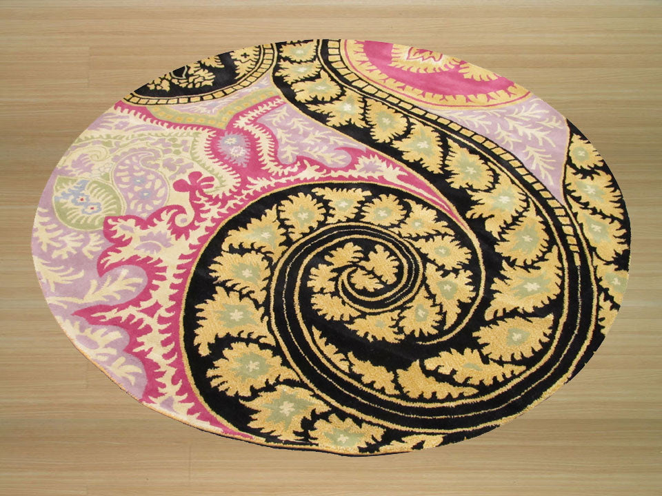 Hand-Tufted Wool Black Contemporary Abstract Paisley Rug, 7'9 Round
