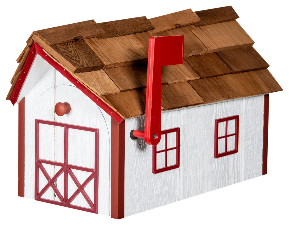 Cedar Shake Roof Standard Wood Mailbox, White & Cardinal Red