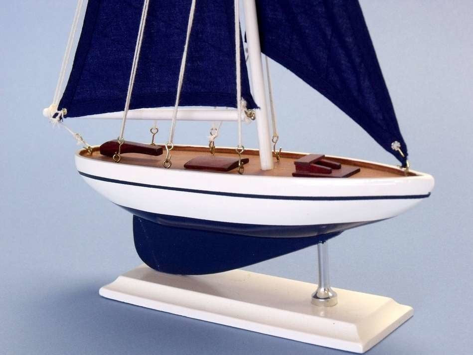 Pacific Sailer, Wood Sailing Boat Model, Blue Sails, 17", Blue