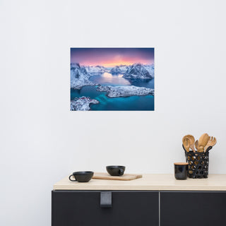 Reine at Winter Sunset Icy Mountain Landscape Photo Loose Wall Art Prints, 18" X 24"