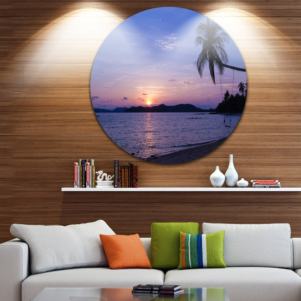 Hanging Seat In Blue Sunset Beach, Seashore Disc Metal Wall Art, 11"