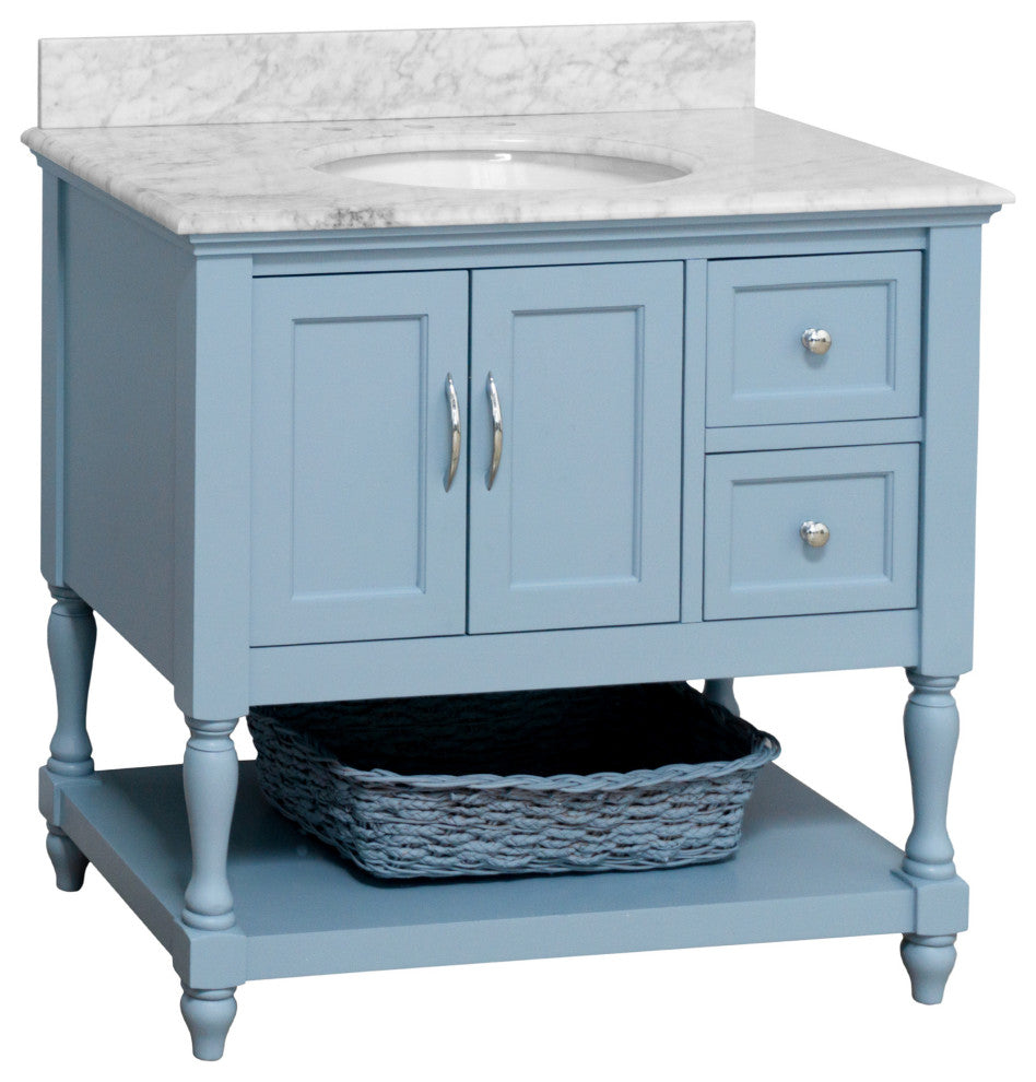 Beverly 36" Bathroom Vanity, Powder Blue, Carrara Marble