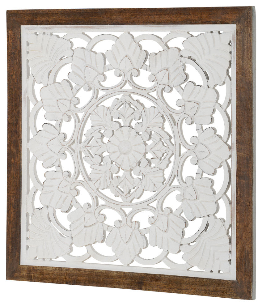 Distressed Wood Framed Square Floral White Wall Medallion  - 24" x 24"