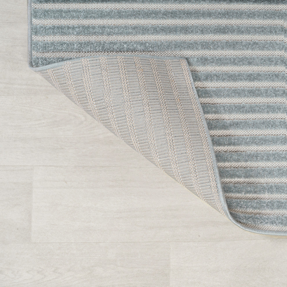 Aarhus High-Low Scandi Striped Blue/Ivory 4 ft x 6 ft Indoor/Outdoor Area Rug