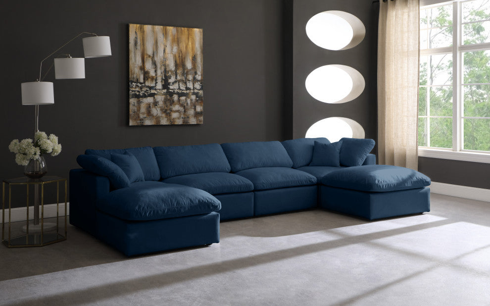 Plush Velvet / Down Standard Comfort 6-Piece U-Shaped Modular Sectional, Navy