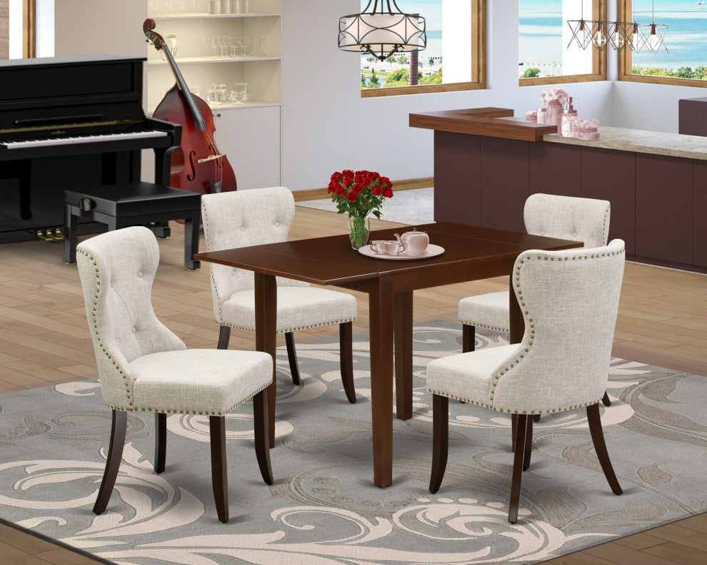 A Dining Set Of 4 Wonderful Parson Dining Chairs, Table, Mahogany Finish