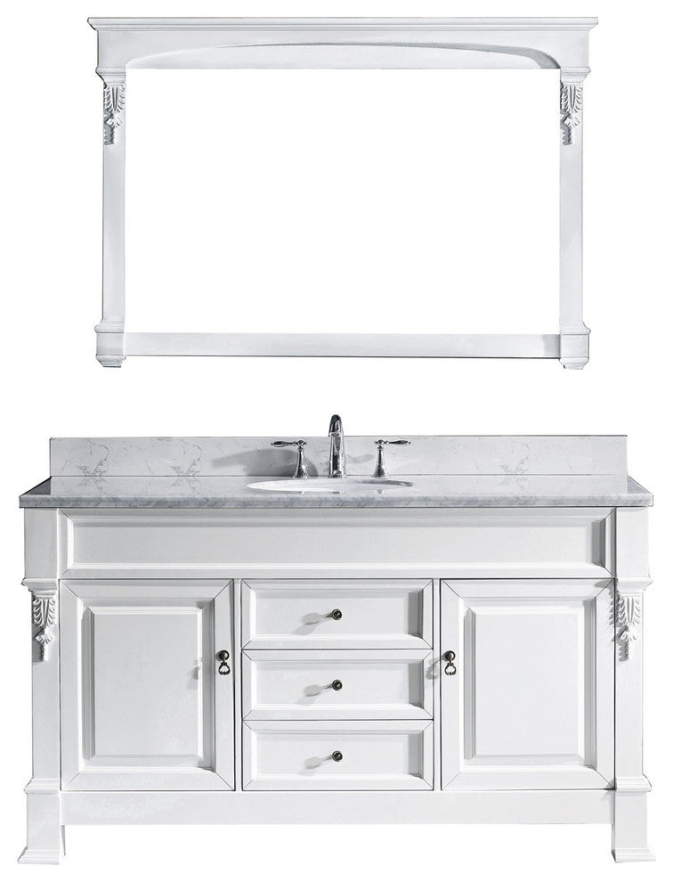 Virtu Huntshire 60" Single Bathroom Vanity, White With Faucet and Mirror