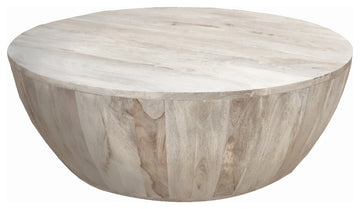 Distressed Mango Wood Coffee Table, Round Shape, Washed Light Brown