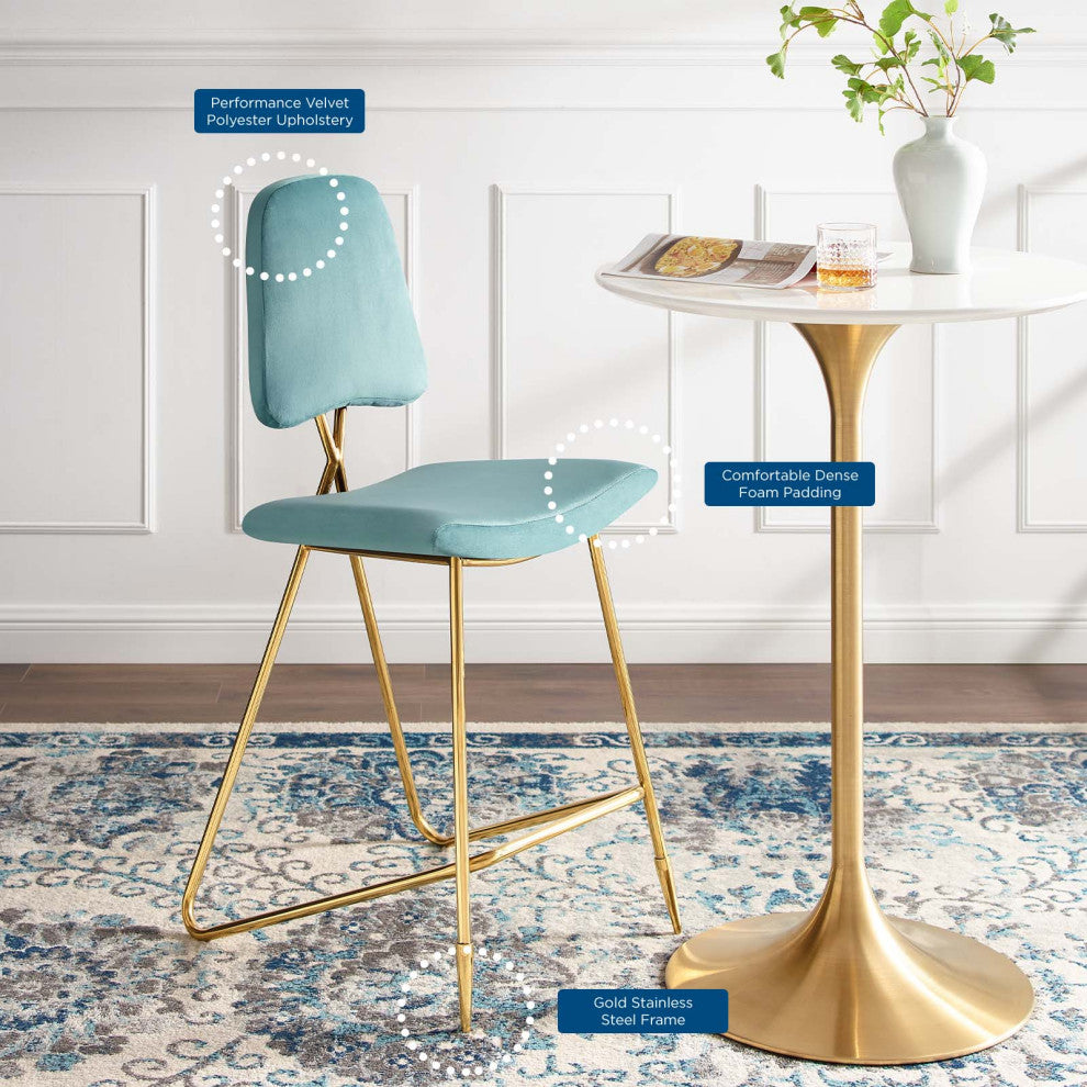 Bar Stool Chair Barstool, Set of 2, Velvet, Metal, Blue, Modern, Bar Pub Bistro