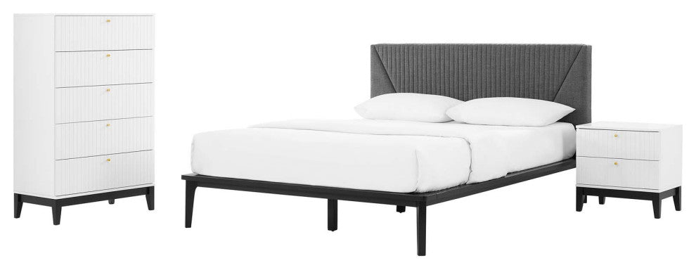 Platform Bed Dresser Chest Nightstand Set, Queen, White, Wood, Modern