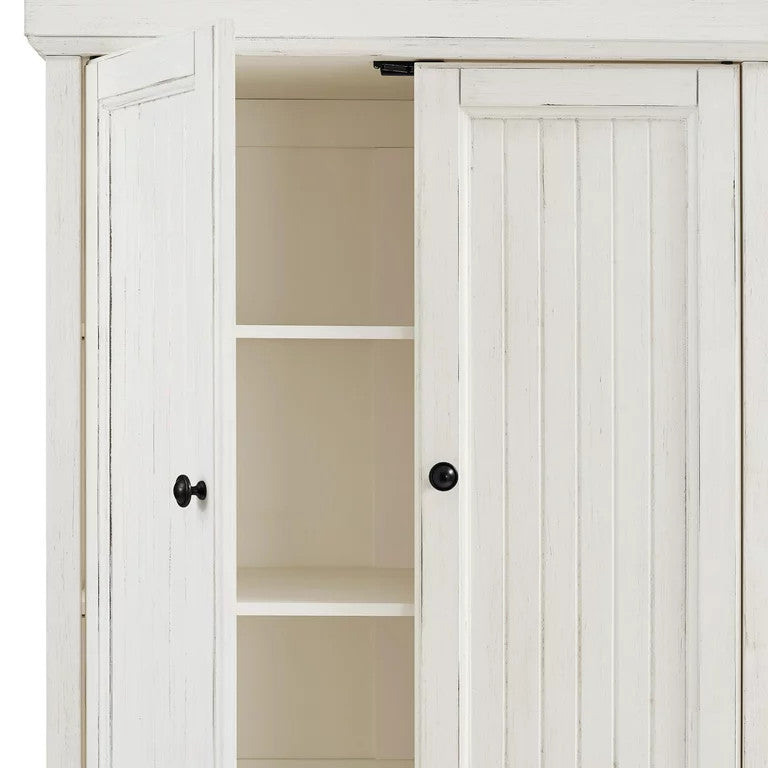 Tall Pantry Cabinet, Breadboard Paneled Doors & Storage Drawer, Distressed White